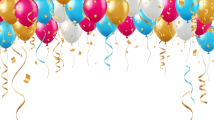 Colorful party balloons with streamers isolated on transparent background