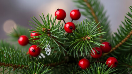 Close-up detail of a fir branch interspersed with bright red holly berries and a small hanging silver snowflake ornament, focusing on natural decoration.