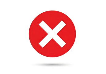Fototapeta premium Bright red circle icon displays a stark white multiplication symbol centered against a clean white background
