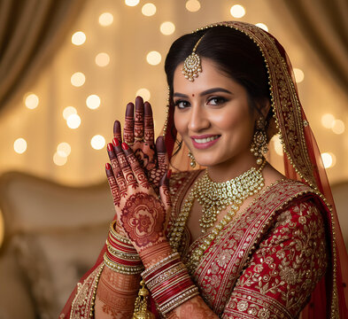 Beautiful Indian bride gracefully flaunting intricate mehendi designs during wedding photoshoot