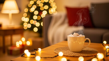 A steaming cup of hot drink with marshmallows on a small table, surrounded by blurry Christmas lights, with a decorated Christmas tree in the blurred background.