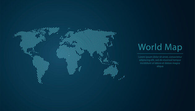 Digital world map with glowing concentric blue lines in tech style