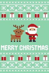 Pixel Art Santa Claus And Reindeer Gift Border Card
