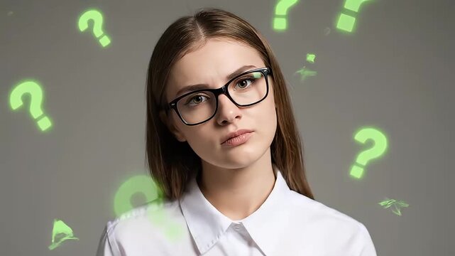 Young businesswoman with glasses and question mark wall background