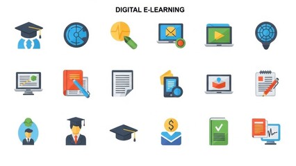 Digital e-learning colorful icon set representing modern educational technology