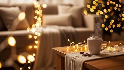 Close-up of a hot drink with whipped cream on a wooden table, surrounded by blurry Christmas lights, creating a warm and cozy living room atmosphere.