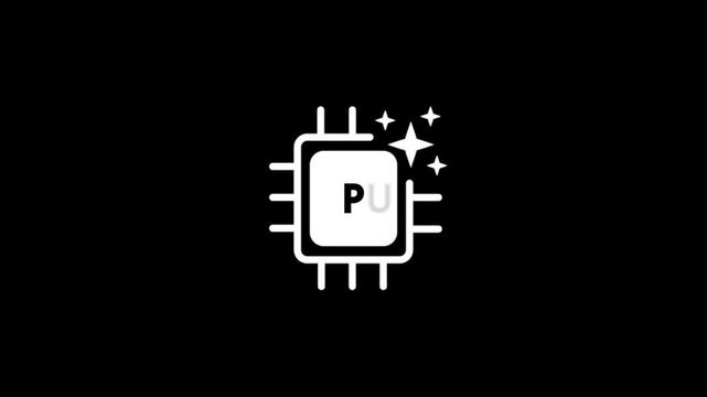 Black and white icon of a computer chip with AI text and sparkling stars on a BLACK background artificial intelligence