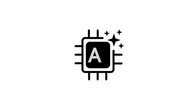 Black and white icon of a computer chip with AI text and sparkling stars on a white background artificial intelligence