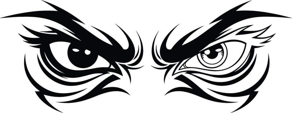 Fierce and aggressive animal or predator eyes black vector illustration, stylized with sharp tribal lines, symbolizing danger, power, speed, and competitive sports mascot design