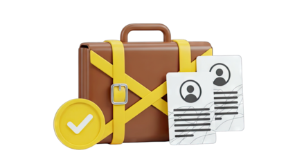 Suitcase with Documents and Checkmark on White Background