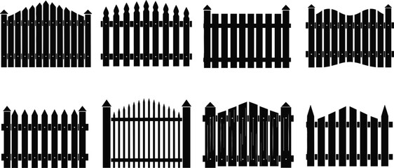 Set of eight black silhouettes of traditional wooden picket fences and gates, symbolizing home security, garden boundaries, residential property, and suburban architecture design