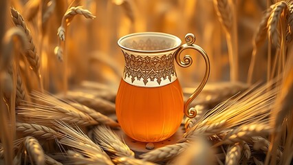 flagon. Honey-colored liquid in an ornate flagon surrounded by wheat stalks. bar promotions, beverage menus, designed for food & beverage menus and cafe branding, enhances appetite appeal.