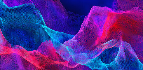 Abstract digital landscape with glowing neon particle waves in vibrant blue magenta and red colors