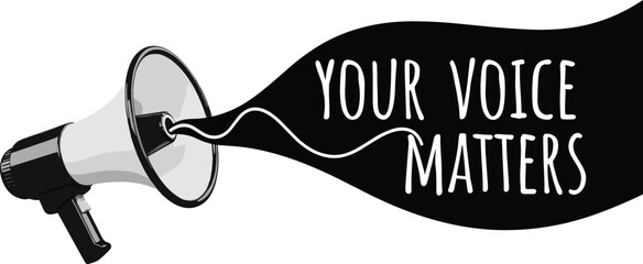 Vector illustration of a large megaphone shouting the empowering motivational message "YOUR VOICE MATTERS," symbolizing advocacy, communication, and public speaking