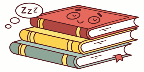 Cute cartoon stack of sleeping books dreaming of knowledge and quiet study time in a cozy setting