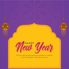 Happy New Year Greeting with Decorative Lanterns and Yellow Frame on Purple Background