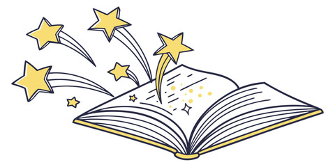 Magical open book releasing vibrant shooting stars creating wonder and educational excitement for children's stories