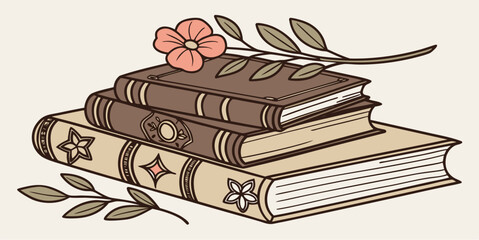 Charming stack of vintage story books adorned with delicate flowers and natural botanical elements for cozy reading