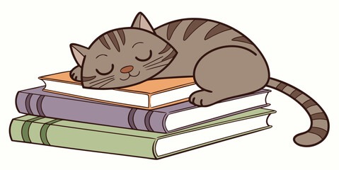 Adorable sleepy tabby kitten naps peacefully atop a cozy stack of colorful hardcover books