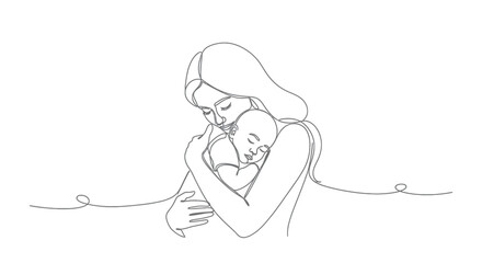 Mother Hugging Baby, One Line Art