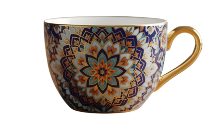 Ornate Blue and Orange Mandala Pattern Porcelain Tea Cup with Gold Handle, Product Shot isolated PNG with Transparent Background