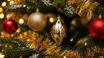Close-up of festive and elegant Christmas tree decorations, featuring shiny gold ball ornaments, metallic oval ornaments, and gold tassel strings hanging among the fir branches, with bokeh lights in t