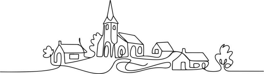 Village with church. Continuous one line art drawing style.one line  vector illustration  with out background