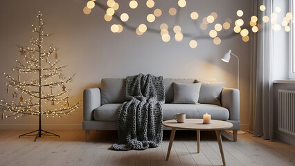 Modern and minimalist living room interior at night, featuring a gray sofa with a knitted blanket, a contemporary Christmas tree made of LED light strings, and bokeh lights hanging from the ceiling.