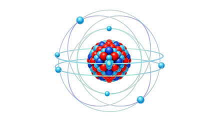 3D Render of Abstract Atom Model with Red and Blue Nucleus and Electron Orbits isolated PNG with Transparent Background