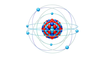 3D Render of Abstract Atom Model with Red and Blue Nucleus and Electron Orbits isolated PNG with Transparent Background