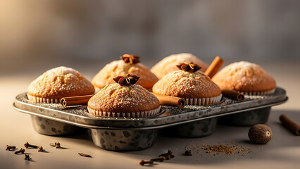 A batch of homemade muffins in a baking tray, decorated with powdered sugar and star anise on top, with cinnamon sticks next to them.