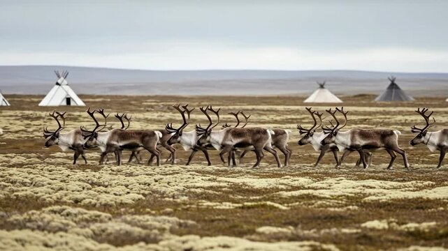 Majestic reindeer herd traversing tundra landscape with traditional teepees in background