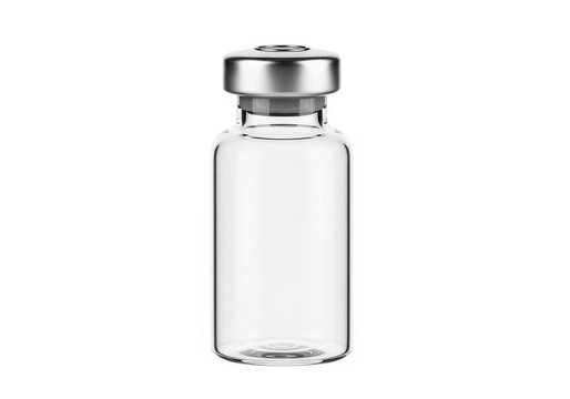 Empty pharmaceutical vial sealed with a metallic cap centered against a white background