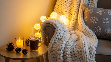 A cozy Hygge scene with a thick knitted cream blanket, snow-patterned pillows, a steaming cup of hot chocolate, a lit candle, and fairy string lights.