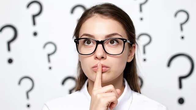 Portrait of serious female with finger on lip and many question marks