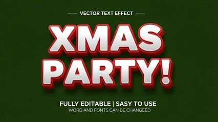 Vector text effect for xmas party invitation or greeting card with bold white and red 3d typography on dark green background