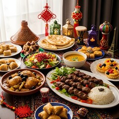 A beautifully arranged table filled with Middle Eastern dishes including kebabs, tajine, salads, desserts, and flatbreads. Decorated with festive lanterns, Islamic ornaments, and warm lighting,