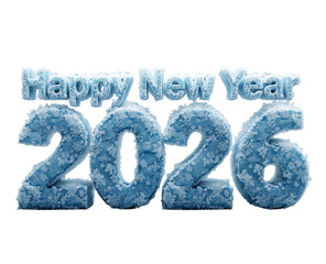 Frosted happy new year 2026 text with icy snowflakes, winter holiday season celebration typography design element. © Prodeep