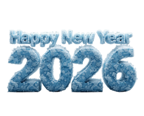 Frosted happy new year 2026 text with icy snowflakes, winter holiday season celebration typography design element.