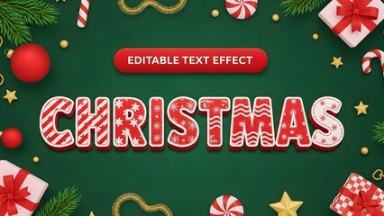 Editable text effect for christmas celebration with festive decoration border on dark green background for holiday design