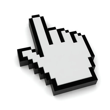 3d pixelated hand cursor pointing, representing click or selection, isolated on white background