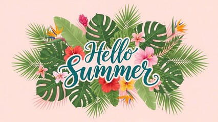 Hello Summer text surrounded by tropical leaves and flowers