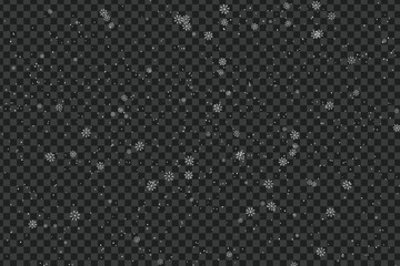 A digital overlay featuring numerous white snowflakes and dots falling against a dark, checkered, transparent background, perfect for winter graphic design projects and holiday effects.