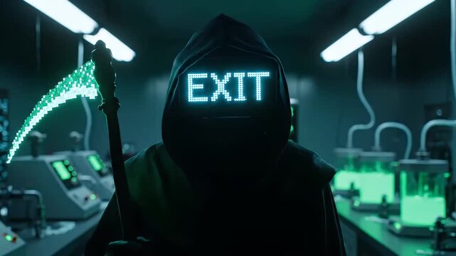 Adorable digital grim reaper character in a futuristic lab environment