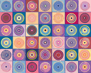 A colorful patchwork of circular designs and concentric rings in various hues