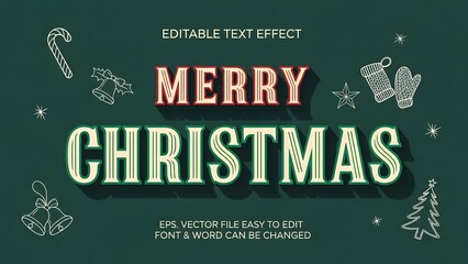 Editable text effect graphic featuring the phrase merry christmas with festive holiday doodle icons like candy cane and mitten on dark green background