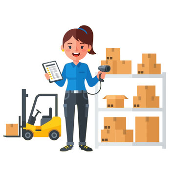 Warehouse worker with forklift and scanner managing inventory on shelves