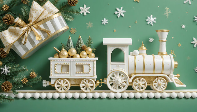 A white and gold vintage toy train sits among pine branches and snowflakes&mdash;evoking holiday nostalgia, elegance, and Christmas cheer.