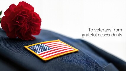 Military jacket with a red carnation flower and American flag, honoring veterans from descendants