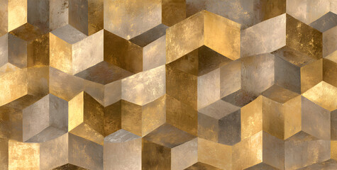 Abstract geometric cube pattern, metallic gold and grey hexagonal shapes background with grunge texture